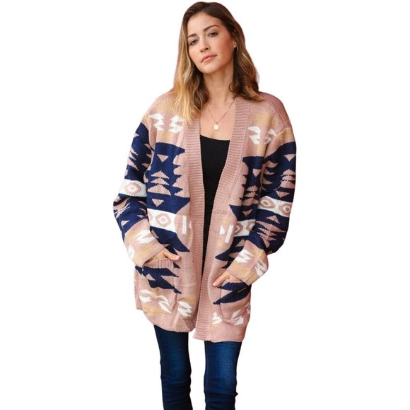 Haptics Sweaters - Aztec Tribal Print Open Cardigan with Pockets